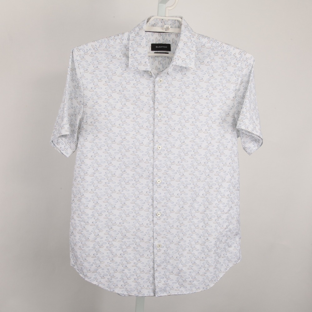 BUGATCHI Men's L White Blue Brown Oval Pattern 8-Way Stretch Short Sleeve Shirt - Picture 2 of 12